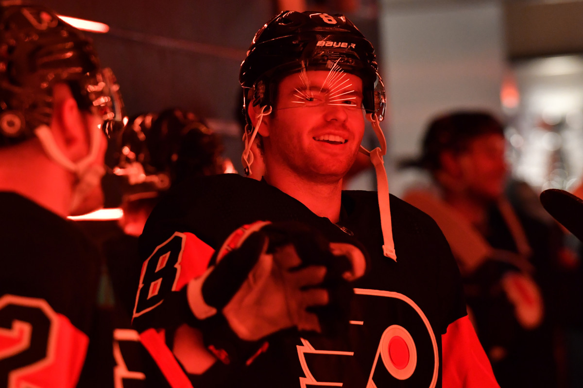 Philadelphia Flyers defenseman Cam York (8) inside the tunnel before warmups against the St. Louis Blues at Wells Fargo Center.