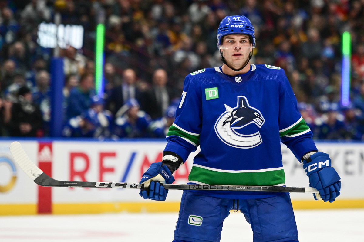 Mar 23, 2024; Vancouver, British Columbia, CAN; dVancouver Canucks defenseman Noah Juulsen (47) ready for puck drop during the third period against the Calgary Flames at Rogers Arena. Mandatory Credit: Simon Fearn-USA TODAY Sports