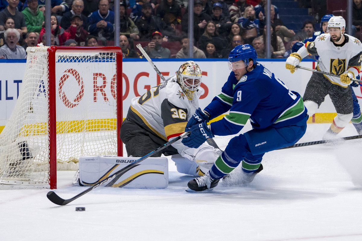 Apr 8, 2024; Vancouver, British Columbia, CAN; Vegas Golden Knights goalie Logan Thompson (36) watches Vancouver Canucks forward J.T. Miller (9) handle the puck in the first period at Rogers Arena. Mandatory Credit: Bob Frid-USA TODAY Sports