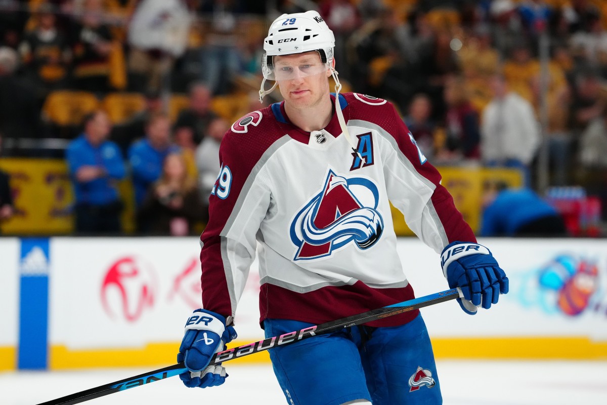 Apr 14, 2024; Las Vegas, Nevada, USA; Colorado Avalanche center Nathan MacKinnon (29) warms up before the start of a game against the Vegas Golden Knights at T-Mobile Arena.