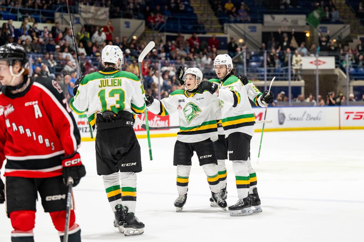 London Knights forward Denver Barkey, defenseman Sam Dickinson, and forward Jacob Julien.