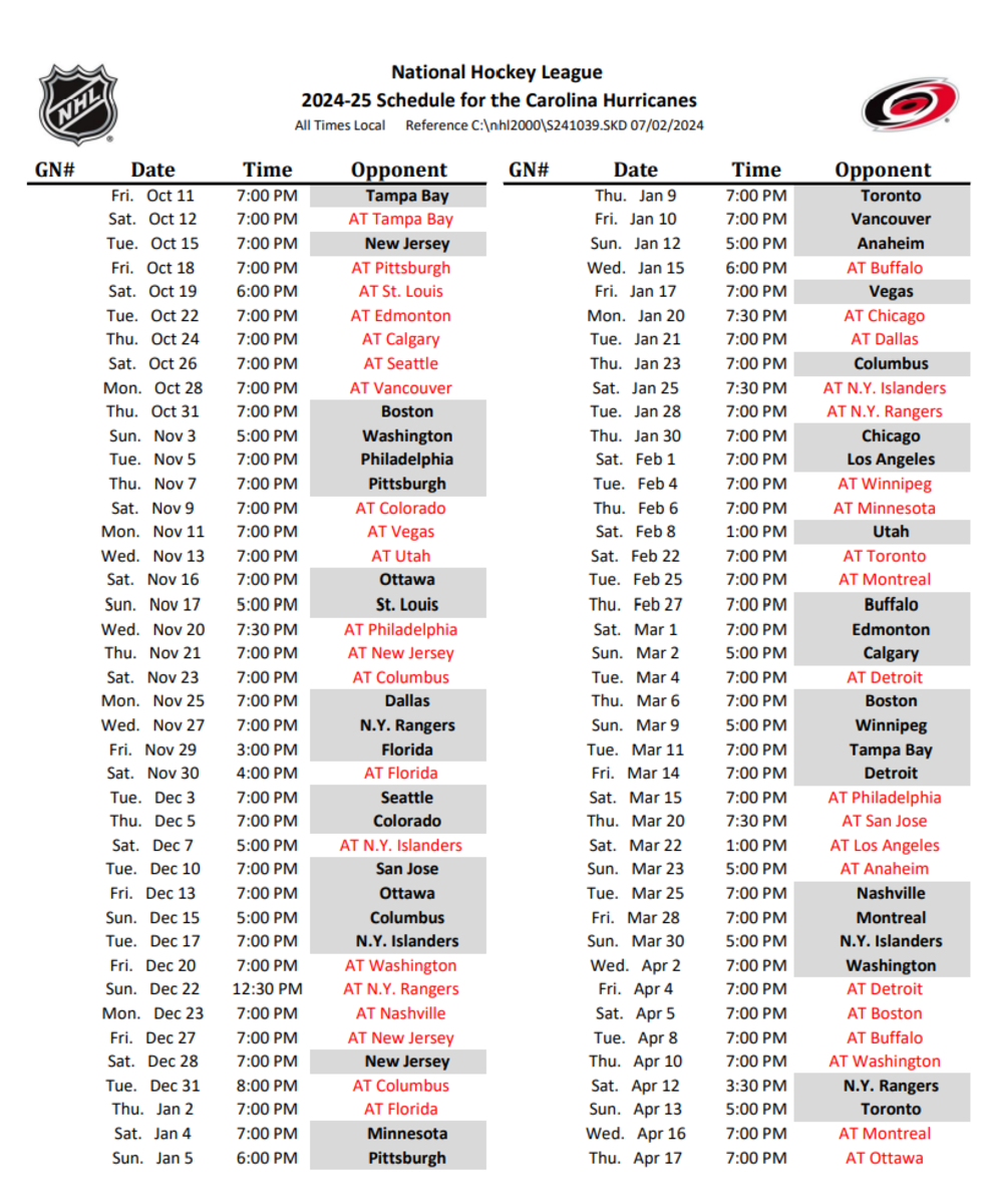 Carolina Hurricanes 2024-25 Schedule Revealed - Carolina Hurricanes ...