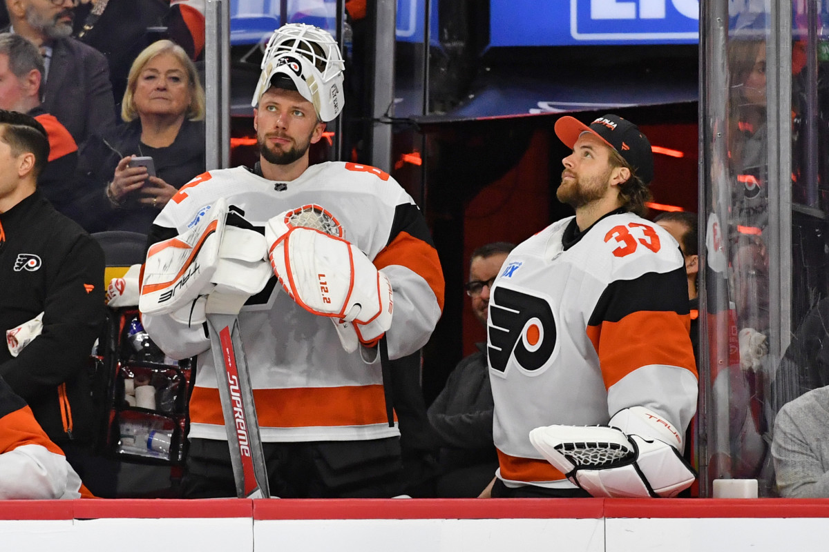 Philadelphia Flyers goaltender Ivan Fedotov (82) and goaltender Samuel Ersson (33) against the New York Islanders at Wells Fargo Center.