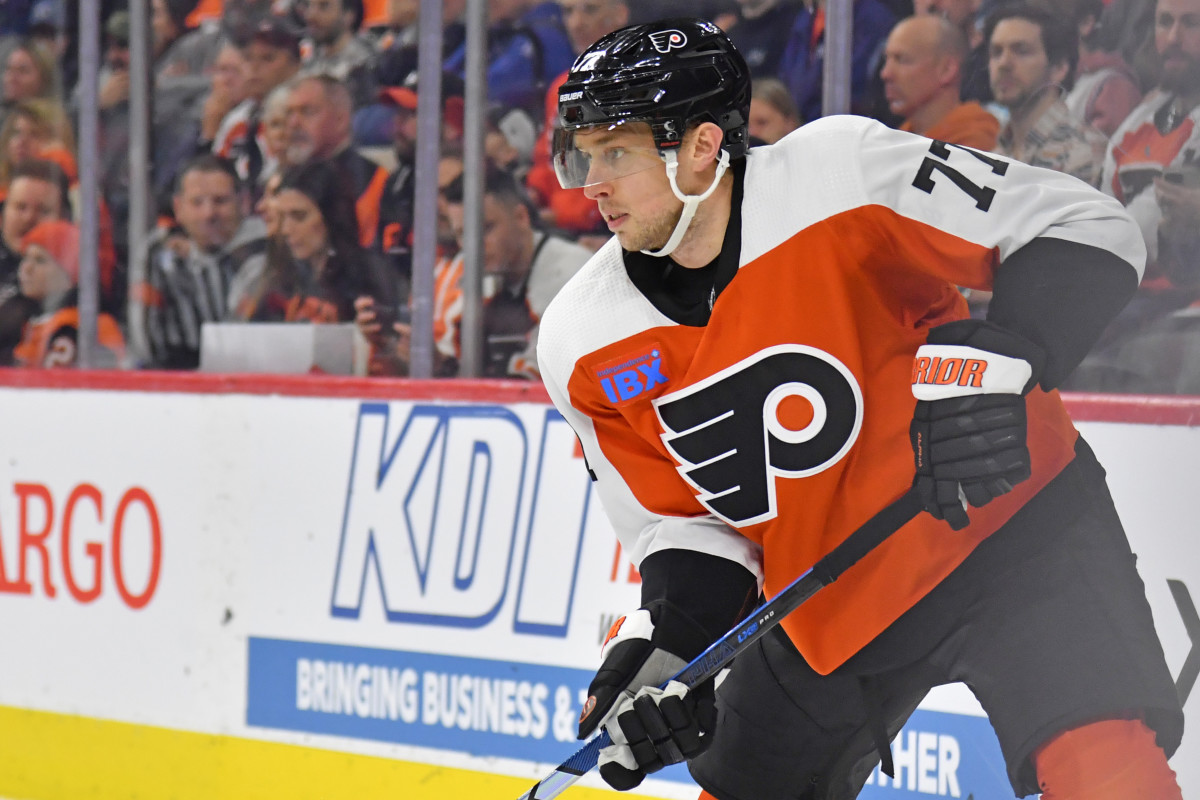 Philadelphia Flyers defenseman Erik Johnson (77) against the Toronto Maple Leafs during the second period at Wells Fargo Center.