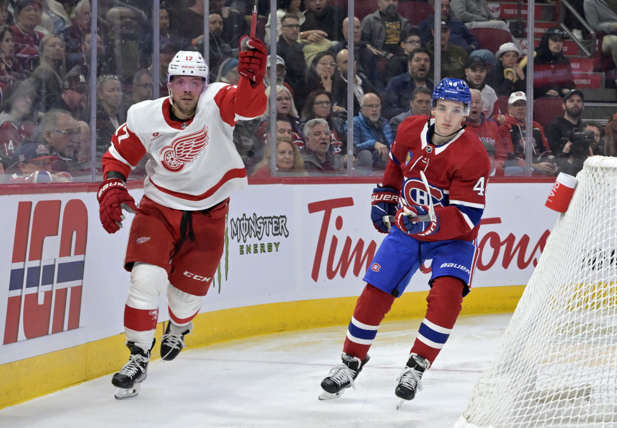 Apr 16, 2024; Montreal, Quebec, CAN; Detroit Red Wings forward Daniel Sprong (17) celebrates after scoring a goal against the Montreal Canadiens during the third period at the Bell Centre