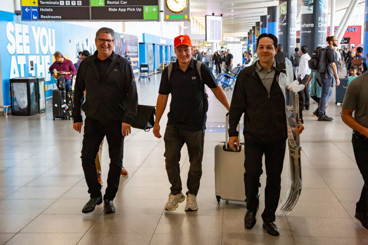 (L-R) Keith Jones, Matvei Michkov, Danny Briere.