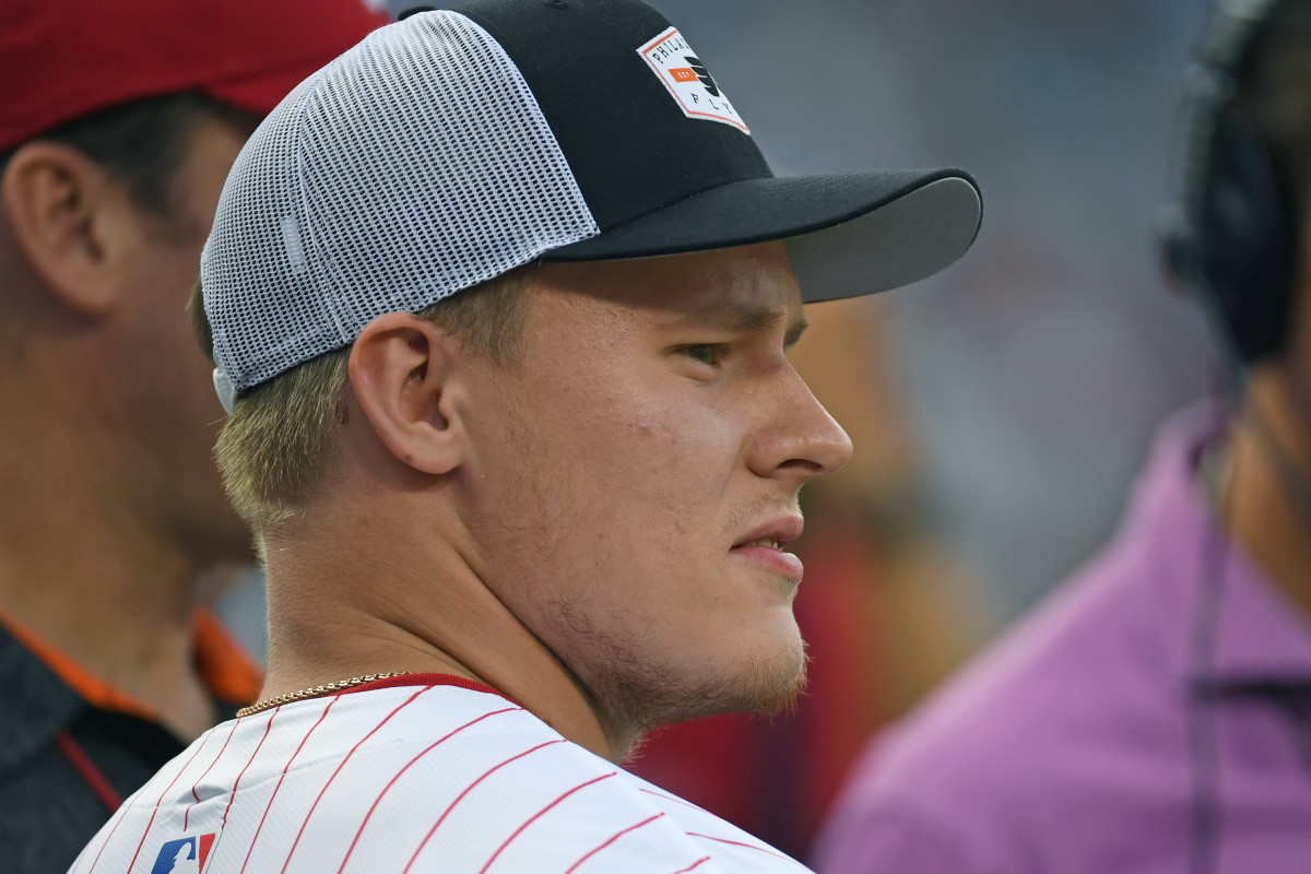 Philadelphia Flyers 2023 first round draft pick Matvei Michkov before game between New York Yankees and Philadelphia Phillies at Citizens Bank Park.