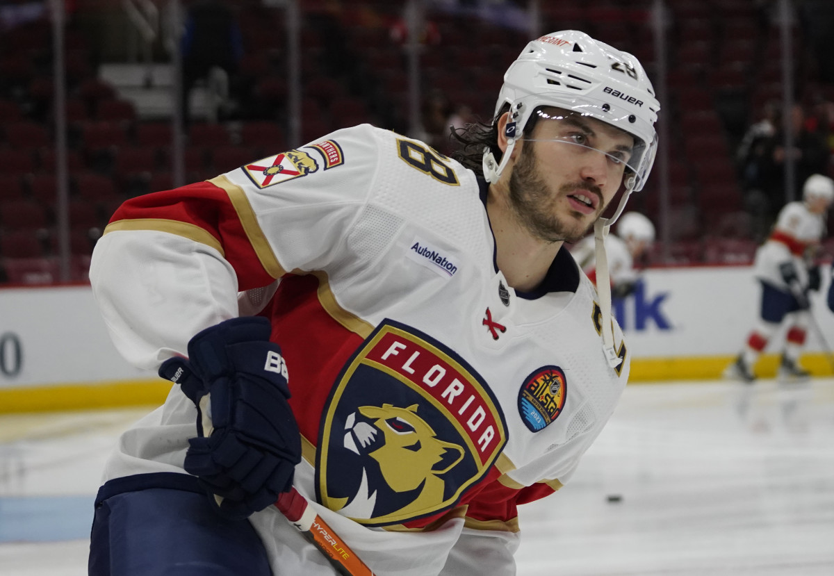 Oct 25, 2022; Chicago, Illinois, USA; Florida Panthers defenseman Josh Mahura (28) warms up before the game against the Chicago Blackhawks at United Center. Mandatory Credit: David Banks-USA TODAY Sports  