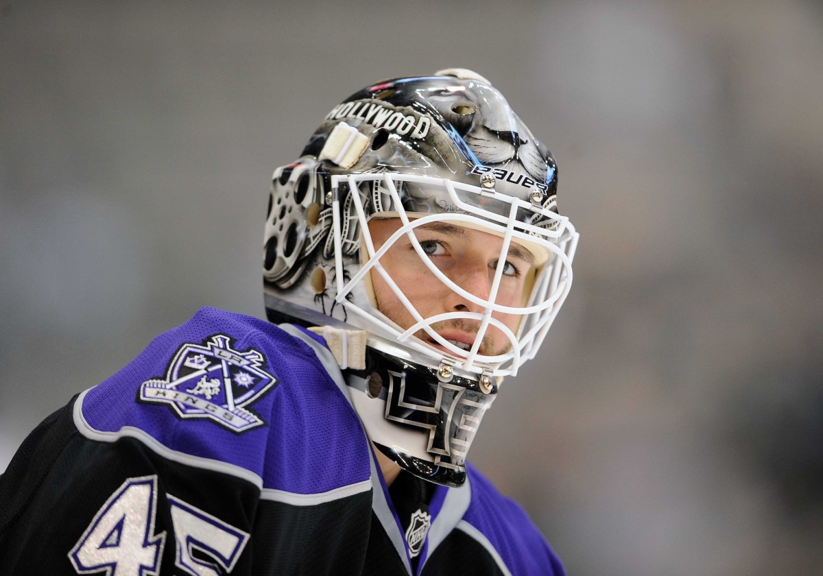 LA Kings Goaltender Jonathan Bernier wearing a Dodgers Hockey jersey.  Awesome!!