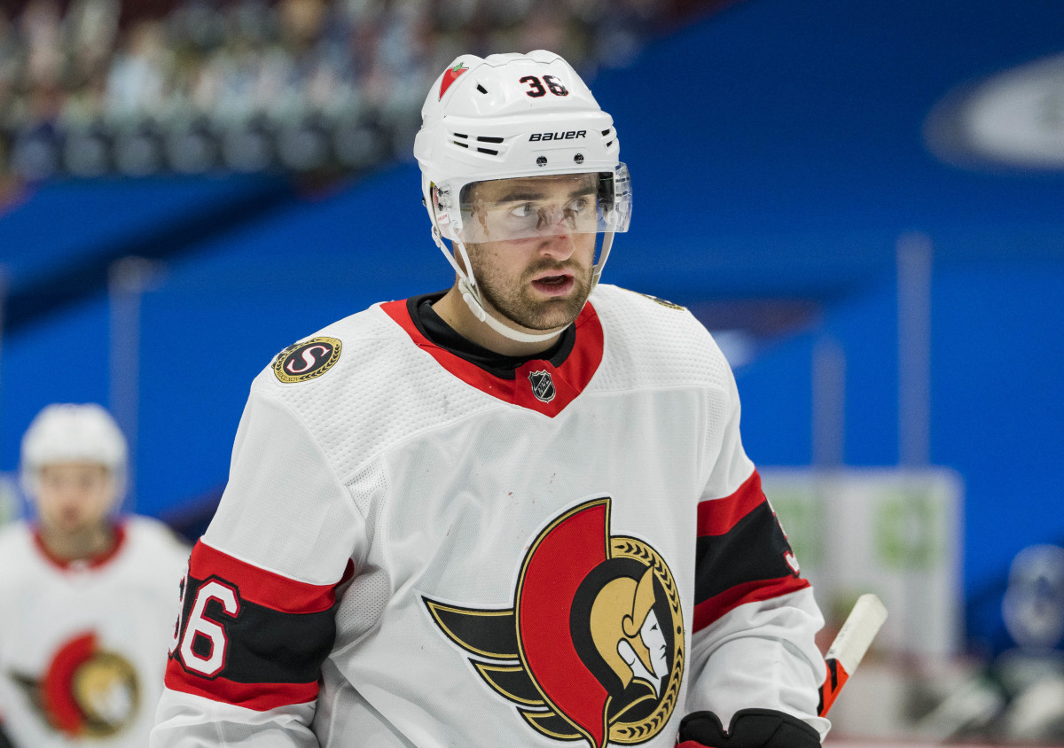 Apr 24, 2021; Vancouver, British Columbia, CAN; Ottawa Senators forward Colin White (36) returned to play after being injured against the Vancouver Canucks in the third period at Rogers Arena. Canucks won 4-2. Mandatory Credit: Bob Frid-USA TODAY Sports