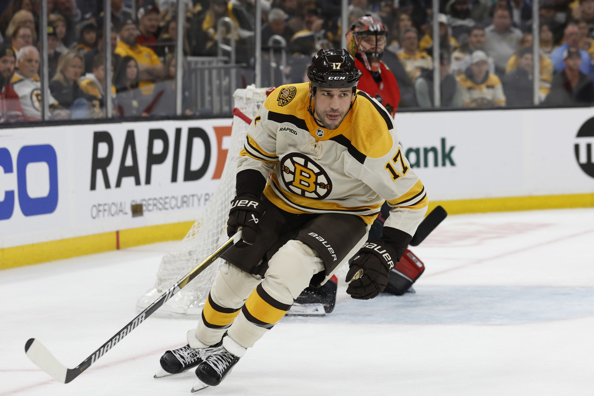 Oct 11, 2023; Boston, Massachusetts, USA; Boston Bruins left wing Milan Lucic (17) during the second period against the Chicago Blackhawks at TD Garden. Mandatory Credit: Winslow Townson-USA TODAY Sports