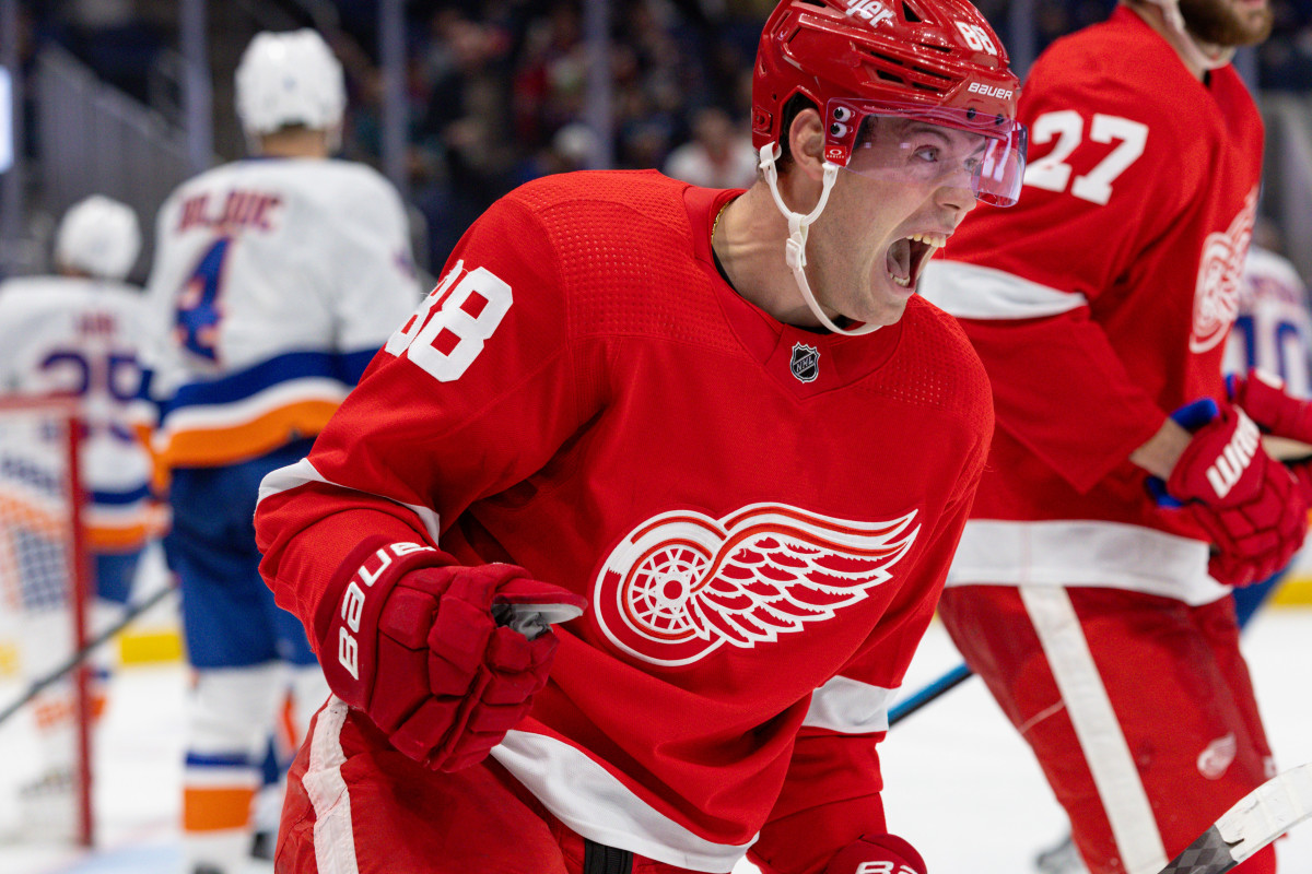 Oct 30, 2023; Elmont, New York, USA; Detroit Red Wings right wing Daniel Sprong (88) reacts after his goal against the New York Islanders during the third period at UBS Arena. 