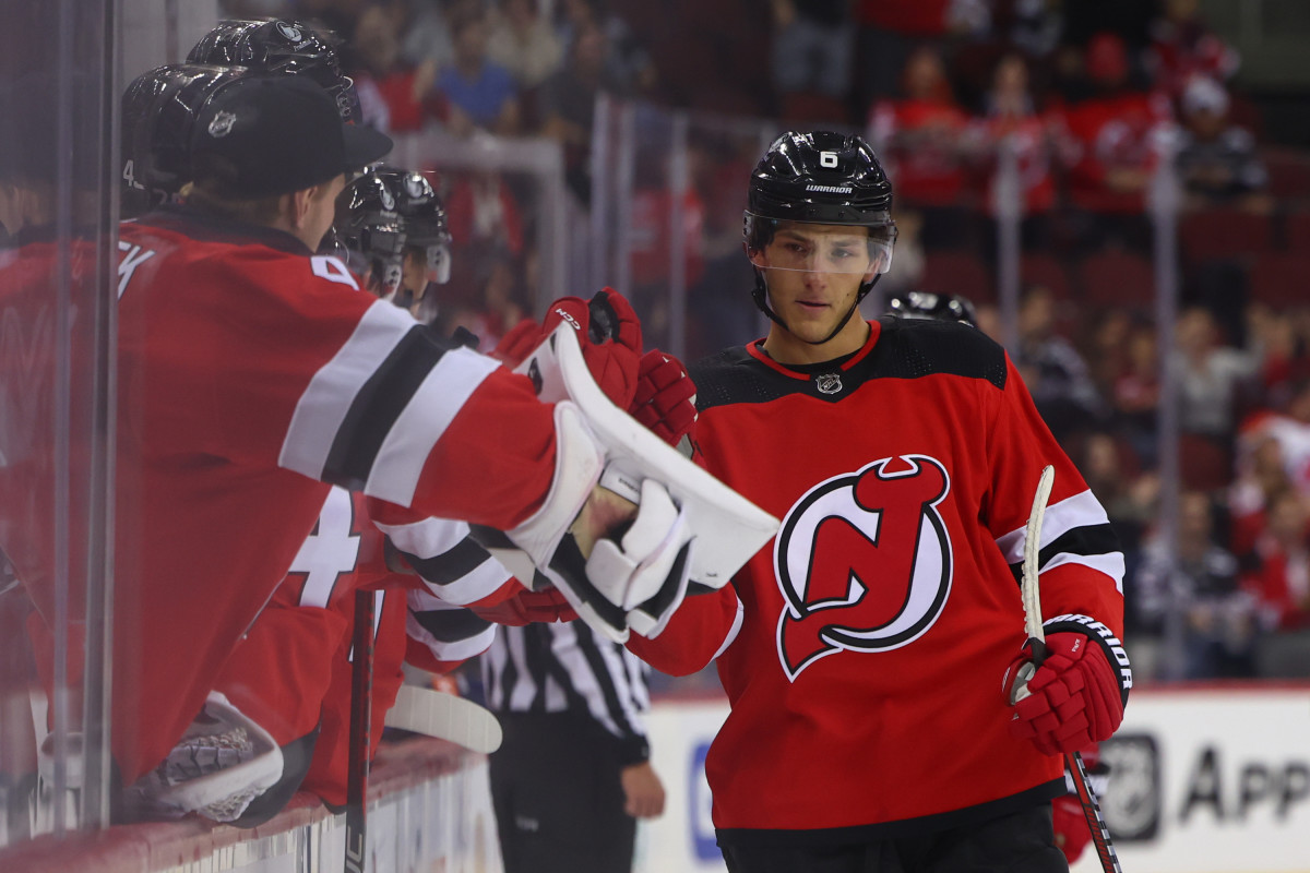 Oct 2, 2023; Newark, New Jersey, USA; New Jersey Devils defenseman John Marino (6) celebrates his goal against the New York Islanders during the first period at Prudential Center. Mandatory Credit: Ed Mulholland-USA TODAY Sports