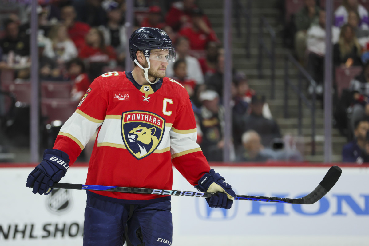 Nov 6, 2023; Sunrise, Florida, USA; Florida Panthers center Aleksander Barkov (16) looks on against the Columbus Blue Jackets during the first period at Amerant Bank Arena. Mandatory Credit: Sam Navarro-USA TODAY Sports