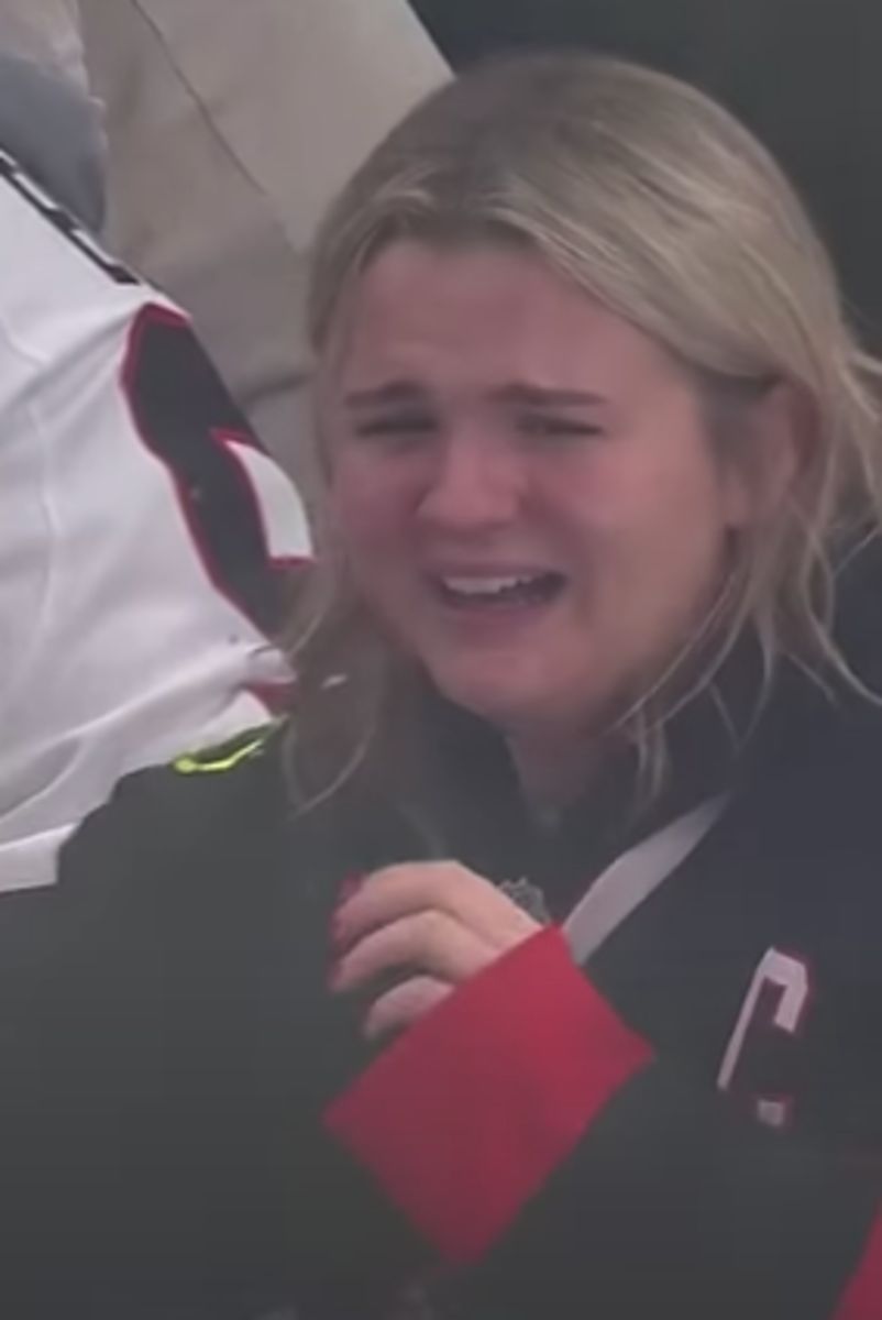 Fan in tears after Connor Bedard's OT goal vs Winnipeg on Dec. 27, 2023.