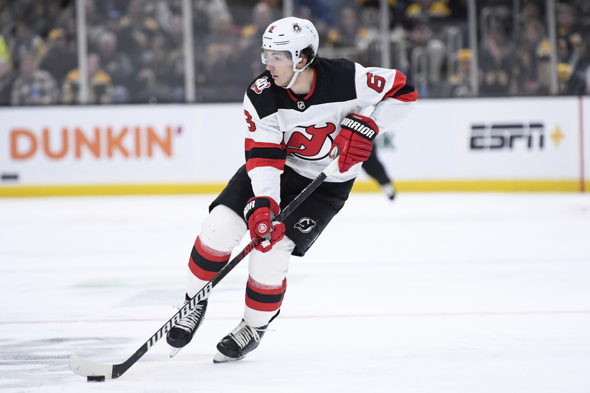 Apr 8, 2023; Boston, Massachusetts, USA; New Jersey Devils defenseman John Marino (6) skates with the puck during the second period against the Boston Bruins at TD Garden. Mandatory Credit: Bob DeChiara-USA TODAY Sports