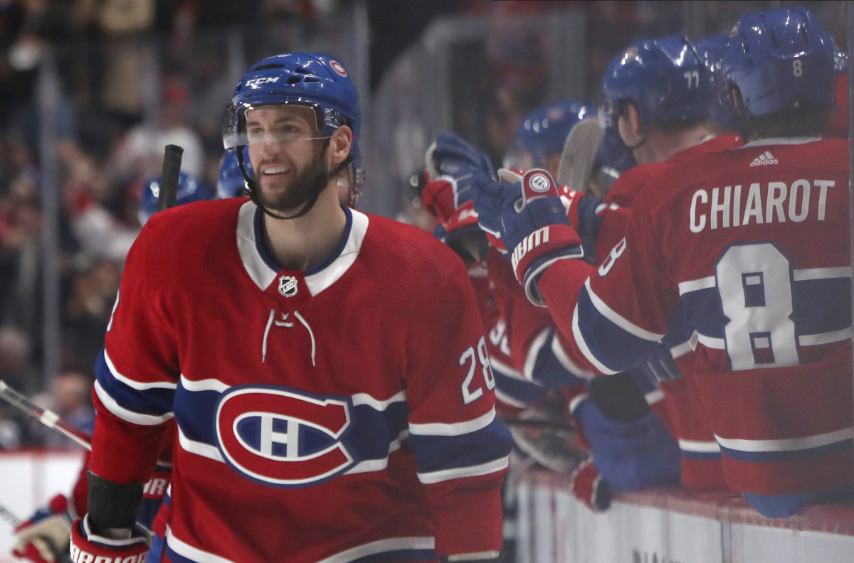 Feb 8, 2020; Montreal, Quebec, CAN; Montreal Canadiens defenseman Marco Scandella (28) celebrates his goal against Toronto Maple Leafs with teammates during the third period at Bell Centre. Mandatory Credit: Jean-Yves Ahern-Imagn Images=